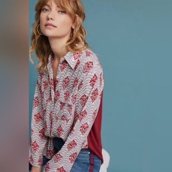 Anthropologie Tops - Anthropologie PORRIDGE Red Graphic Long Sleeve Button Down Shirt